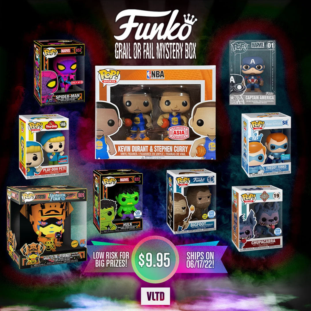 VLTD Mystery Boxes Funko POP! Grail Or Fail Mystery Box: Grand Prizes Incl. UNRELEASED Golden State Warriors 2-Pack NBA Holy Grail, Make-a-Wish Freddy Funko, Die Cast Captain America, Black Light Spider-Man & Hulk & More! - SHIPS 06/17/22! 3 VLTD Mystery Boxes Funko POP! Grail Or Fail Mystery Box: Grand Prizes Incl. UNRELEASED Golden State Warriors 2-Pack NBA Holy Grail, Make-a-Wish Freddy Funko, Die Cast Captain America, Black Light Spider-Man & Hulk & More! - SHIPS 06/17/22!